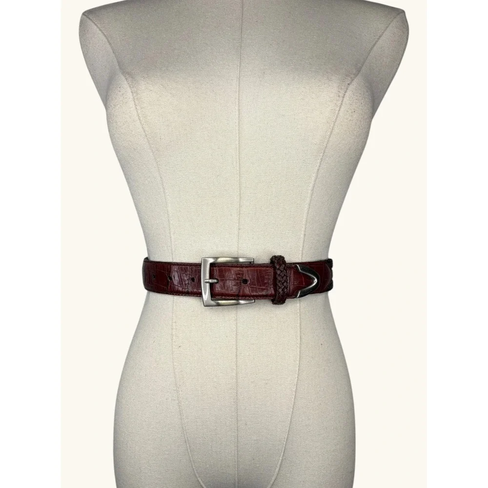 Brighton Mahogany Croc Embossed Leather Braided Belt Brown Silver Buckle 32